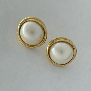 Beautiful Faux Pearl Stud Style Earrings with Gold Perimeter